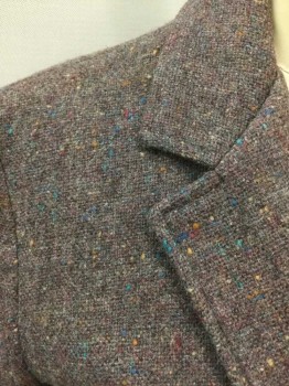 Womens, Blazer, CROSS COUNTRY JUNIOR, Gray, Brown, Multi-color, Tomato Red, Wool, Tweed, Solid, XS, B:32, Brownish Gray Tweed with Multicolor Specks, Single Breasted, Notched Lapel, 2 Brown Leather Buttons, Tomato Silk Lining  **Stain At Right Cuff, Late 70's-Early 80s