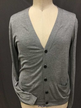 H & M, Gray, Heathered, Heather Gray Cardigan, Flat Knit, V-neck, 5 Button Front, Long Sleeves, 2 Pockets