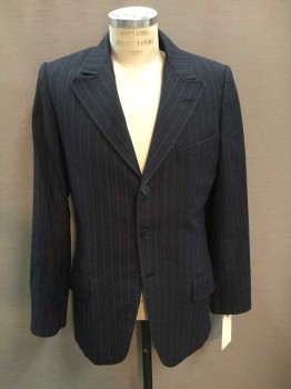 Mens, Suit, Jacket, 1890s-1910s, NO LABEL, Navy Blue, Gray, Wool, Stripes, 40L, Single Breasted, 3 Button Front, 3 Pockets,