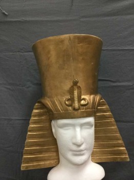 Unisex, Historical Fiction Headpiece, M.T.O., Gold, Rubber, Gold Painted Egyptian Emperial Headpiece. Tall Crown with Cobra At Center Front and Nemesis Lower. All Made From Sculpted Rubber