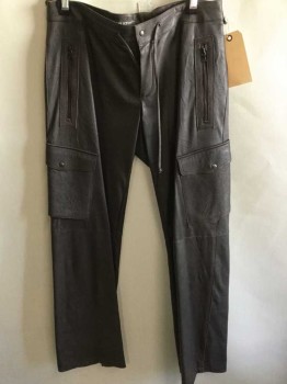 Mens, Leather Pants, NEIL BARRETT, Dk Brown, Leather, Solid, 34I, 34W, Drawstring with Zipper and Snap, 2 Zipper Pockets, 2 Cargo Pocket, Knee Seam