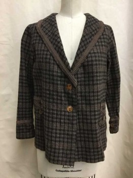Childrens, Jacket 1890s-1910s, NO LABEL, Brown, Taupe, Wool, Plaid, 36, Long Sleeves, Two Button Closure, Brown Woven Ribbon Trim, Patch Pockets, Sailor Collar
