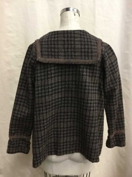 Childrens, Jacket 1890s-1910s, NO LABEL, Brown, Taupe, Wool, Plaid, 36, Long Sleeves, Two Button Closure, Brown Woven Ribbon Trim, Patch Pockets, Sailor Collar