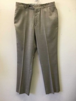 Lt Brown, Synthetic, Solid, Basket Weave, Flat Front, Button Tab Waist Closure, Zip Fly, Belt Loops, 5 Pockets (Including Watch Pocket)