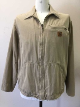 CARHARTT, Tan Brown, Cotton, Solid, Zip Front, Collar Attached, Long Sleeves, 3 Pockets, Pleated Sleeves at Seams, Snap Cuffs