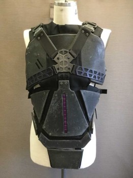 Mens, Breastplate, MTO, Black, Nylon, Plastic, Adj, Ch 42, 3 Snap Buckles on Each Side (1 Metal, 2 Plastic on Each Side -1 Metal Broken), Metal Snap Buckles on Shoulders, Molded Plastic Panels Front and Back, Purple with Gray Stripe Small Panel in CF