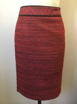 CLASSIQUES ENTIER, Red, Black, White, Viscose, Linen, Speckled, Red with Black and White Woven Throughout, Black Gimp Trim at 2" Wide Waistband, Pencil Skirt, Vent at Center Back Hem