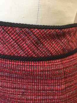 CLASSIQUES ENTIER, Red, Black, White, Viscose, Linen, Speckled, Red with Black and White Woven Throughout, Black Gimp Trim at 2" Wide Waistband, Pencil Skirt, Vent at Center Back Hem