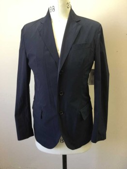 MONTEDORO, Navy Blue, Nylon, Solid, Single Breasted, 3 Buttons,  3 Pockets, Collar Attached, Notched Lapel,