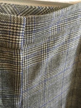 CLASSIQUES ENTIER, Gray, Black, Blue, Viscose, Polyester, Houndstooth, Plaid, Gray with Black and Blue Houndstooth Plaid, Mid Rise, Wide Leg, Zip Fly, 4 Pockets