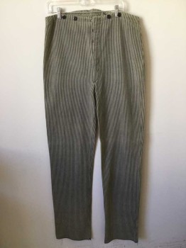M.T.O., Black, Cream, Cotton, Stripes, Work Pants. Black & White Cotton Ticking, High Waisted with Button Fly, Open Hemline, Old West