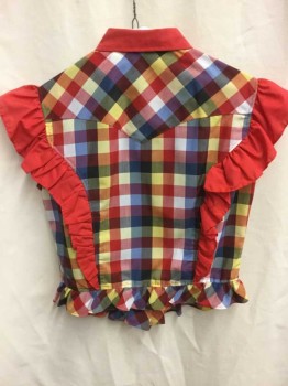 Childrens, Blouse, H BAR C, Multi-color, Red, Polyester, Cotton, Check , Solid, 12girl, Multicolor 1" Squares Checked Pattern, with Solid Red Collar and Princess Seam Ruffles, Sleeveless, Light Gray Snap Closures, Self Ruffle Hem