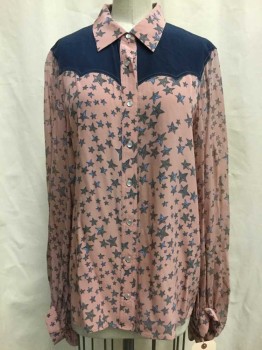 Womens, Shirt, BCBG, Dusty Rose Pink, French Blue, Navy Blue, Heather Gray, Silk, Stars, B38, S, W36, Dusty Rose, French Blue/ Navy/ Heather Gray Star Print, Navy Yolk, Snap Front, Collar Attached, Long Sleeves,