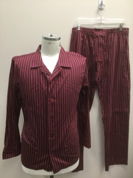 Mens, Sleepwear PJ Top, ERMENEGILDO ZEGNA, Maroon Red, Lt Gray, Cotton, Stripes - Pin, XL, Long Sleeves, Button Front, Collar Attached, 2 Patch Pockets at Hips