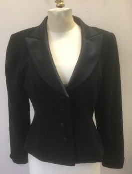 KAY UNGER, Black, Polyester, Solid, Ponte with Satin Peaked Lapel, Folded Cuffs and 4 Fabric Covered Buttons, Fitted, Padded Shoulders, Looks Like a Tuxedo Jacket