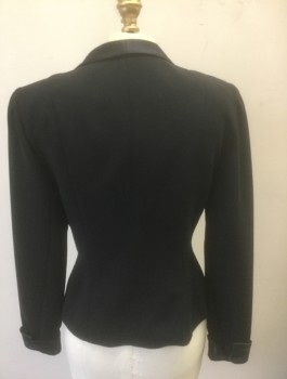 KAY UNGER, Black, Polyester, Solid, Ponte with Satin Peaked Lapel, Folded Cuffs and 4 Fabric Covered Buttons, Fitted, Padded Shoulders, Looks Like a Tuxedo Jacket