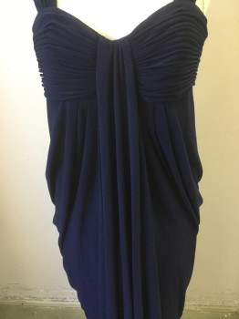 JS BOUTIQUE, Navy Blue, Polyester, Spandex, Solid, Gathered Wide Strap, Shirred Bust with a Faux Fold Over Sash, Side Draping, Empire Waist, Back Zipper
