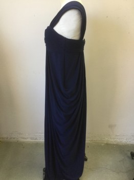 JS BOUTIQUE, Navy Blue, Polyester, Spandex, Solid, Gathered Wide Strap, Shirred Bust with a Faux Fold Over Sash, Side Draping, Empire Waist, Back Zipper