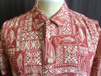 QUICK  SILVER, Red, Cream, Polyester, Hawaiian Print, Color Blocking, (DOUBLE) Cream with Heather Red, Collar Attached, Button Front, 1 Pocket, Short Sleeves,