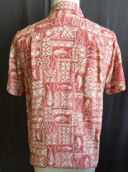 QUICK  SILVER, Red, Cream, Polyester, Hawaiian Print, Color Blocking, (DOUBLE) Cream with Heather Red, Collar Attached, Button Front, 1 Pocket, Short Sleeves,