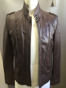 ZARA, Brown, Leather, Solid, Soft Sheepskin, Zip Front, Stand Up Collar with Zipper, Zip Pockets and Details, Epaulet