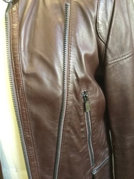 ZARA, Brown, Leather, Solid, Soft Sheepskin, Zip Front, Stand Up Collar with Zipper, Zip Pockets and Details, Epaulet