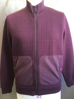 TED BAKER, Maroon Red, Polyester, Viscose, Check , Self Embossed Check, Zip Front, Stand Up Ribbed Collar/cuffs/waist, Nylon Pockets