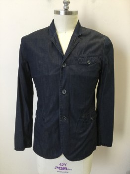 JOHN VARVATOS, Denim Blue, Cotton, Solid, Dark Denim, Button Front, Collar Attached, 3 Flap Pockets