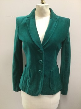 MOSCHINO, Emerald Green, Cotton, Rayon, Solid, Single Breasted, Notched Lapel, 3 Buttons,  2 Patch Pockets, Oversize Buttons