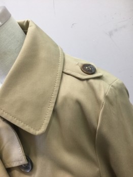 DKNY, Beige, Nylon, Cotton, Solid, Twill, Double Breasted, Collar Attached, Epaulettes at Shoulders, 2 Pockets, Jersey Lining, Belt Loops, **2 Piece with Matching Fabric Belt with Brown Plastic Buckle