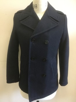 Mens, Coat, LAKEWOOD, Navy Blue, Wool, Solid, 36S, Pea Coat, Double Breasted, 6 Buttons,