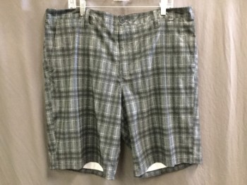 HURLEY, Black, Heather Gray, White, Polyester, Cotton, Plaid, 1.5" Waistband, Flat Front, Zip Front, 5 Pockets