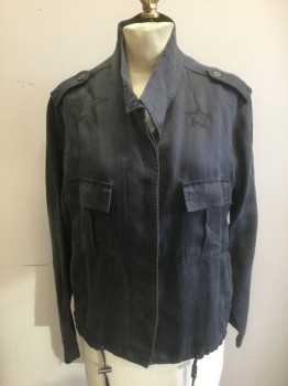 RAILS, Faded Black, Tencel, Linen, Solid, Stars, Denim/Twill,  Black Embroidered Stars Throughout, Covered Button Closures at Front, Stand Collar, Epaulettes at Shoulders, Drawstring Waist, 4 Pockets