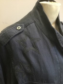 RAILS, Faded Black, Tencel, Linen, Solid, Stars, Denim/Twill,  Black Embroidered Stars Throughout, Covered Button Closures at Front, Stand Collar, Epaulettes at Shoulders, Drawstring Waist, 4 Pockets