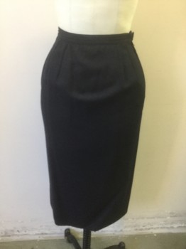 VALENTINO, Navy Blue, Wool, Solid, Wool Gabardine, 1" Wide Self Waistband, Pencil Skirt, 3 Large Mother of Pearl Buttons at Center Back Hem, Zip Closure at Side Waist