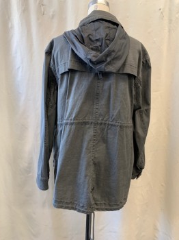 ATM, Gray, Cotton, Spandex, Solid, Zip Front with Snap Placket, 4 Flap Pockets, Drawstring Collar Attached, Nylon Hood Attached Inside Collar Zip, Drawstring Waistband, Button Cuff, Storm Flap, Drawstring Hem