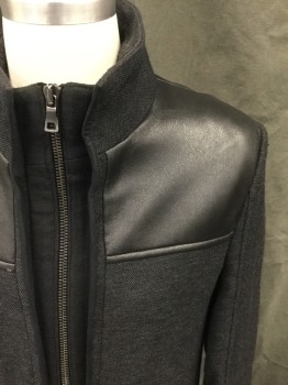 No Label/ FOX 63, Black, Charcoal Gray, Wool, Polyurethane, Short, Zip Front, 4 Pockets, Long Sleeves, Tab Belt Attached Cuff, Ribbed Knit Undercuff, Solid Black Pleaterh Yoke, Stand Collar