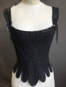 PERIOD CORSETS MTO, Black, Silk, Floral, Solid, Self Floral Embroidery, 1.5" Wide Straps with Ties at Bust, Boned, Tabs at Waist, Lace Up in Back, Made To Order Historical Reproduction