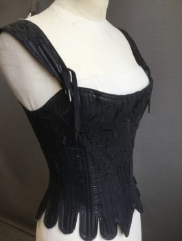 PERIOD CORSETS MTO, Black, Silk, Floral, Solid, Self Floral Embroidery, 1.5" Wide Straps with Ties at Bust, Boned, Tabs at Waist, Lace Up in Back, Made To Order Historical Reproduction
