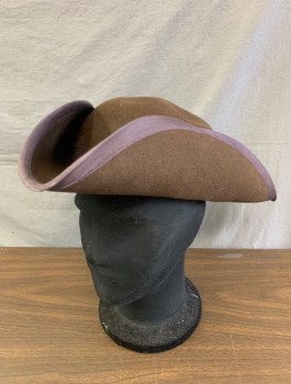 Mens, Historical Fiction Hat , N/L MTO, Brown, Wool, Solid, 23", 7 1/4, Felt, Brown Grosgrain Band and Edging, Linen Lining Inside, Made To Order Reproduction