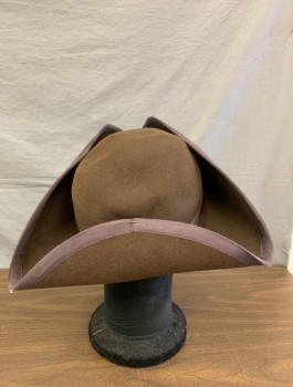 Mens, Historical Fiction Hat , N/L MTO, Brown, Wool, Solid, 23", 7 1/4, Felt, Brown Grosgrain Band and Edging, Linen Lining Inside, Made To Order Reproduction