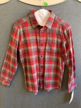 VOLCOM, Red, Gray, Dk Gray, Cotton, Acrylic, Plaid, Long Sleeves, Button Front, Collar Attached, 1 Pocket,