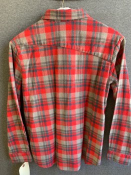 VOLCOM, Red, Gray, Dk Gray, Cotton, Acrylic, Plaid, Long Sleeves, Button Front, Collar Attached, 1 Pocket,