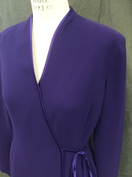 JONES NY, Purple, Polyester, Solid, Crepe, Princess Seams, Satin Trim and Belt Attached at Side, Long Sleeves, Snap at Bust, Knee Length, Hidden Zip Center Back **Hem Coming Undone**