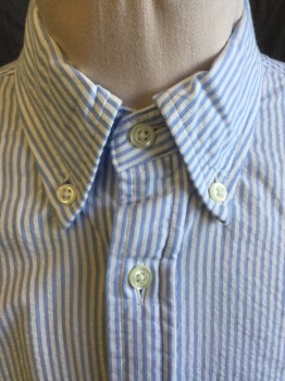 BROOKS BROTHERS, White, Baby Blue, Cotton, Stripes - Vertical , Seersucker, Collar Attached, Button Down, Button Front, Long Sleeves, Curved Hem