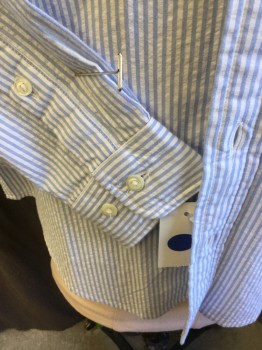 BROOKS BROTHERS, White, Baby Blue, Cotton, Stripes - Vertical , Seersucker, Collar Attached, Button Down, Button Front, Long Sleeves, Curved Hem
