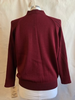 MONTECHAIRO, Red Burgundy, Wool, Acrylic, Solid, Zip Front, Ribbed Sleeves, Center Front & Trim, 2 Pockets, Double Lined Mock Neck