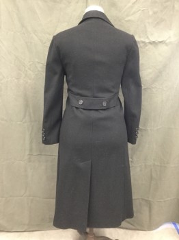 Womens, Coat, J. G. HOOK, Black, Wool, Solid, B 38, Single Breasted, Collar Attached, Notched Lapel, 3 Buttons,  2 Pockets with Faux Flaps, Long Sleeves, Button Tab Back Waist Belt