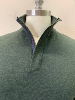 Mens, Pullover Sweater, FACONNABLE, Forest Green, Navy Blue, Wool, Solid, Heathered, L, Zip Turtle Neck with Navy Facing Detail, Long Sleeves, Rib Knit Collar and Cuffs