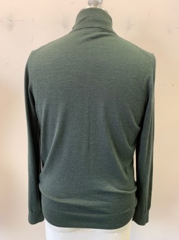 Mens, Pullover Sweater, FACONNABLE, Forest Green, Navy Blue, Wool, Solid, Heathered, L, Zip Turtle Neck with Navy Facing Detail, Long Sleeves, Rib Knit Collar and Cuffs